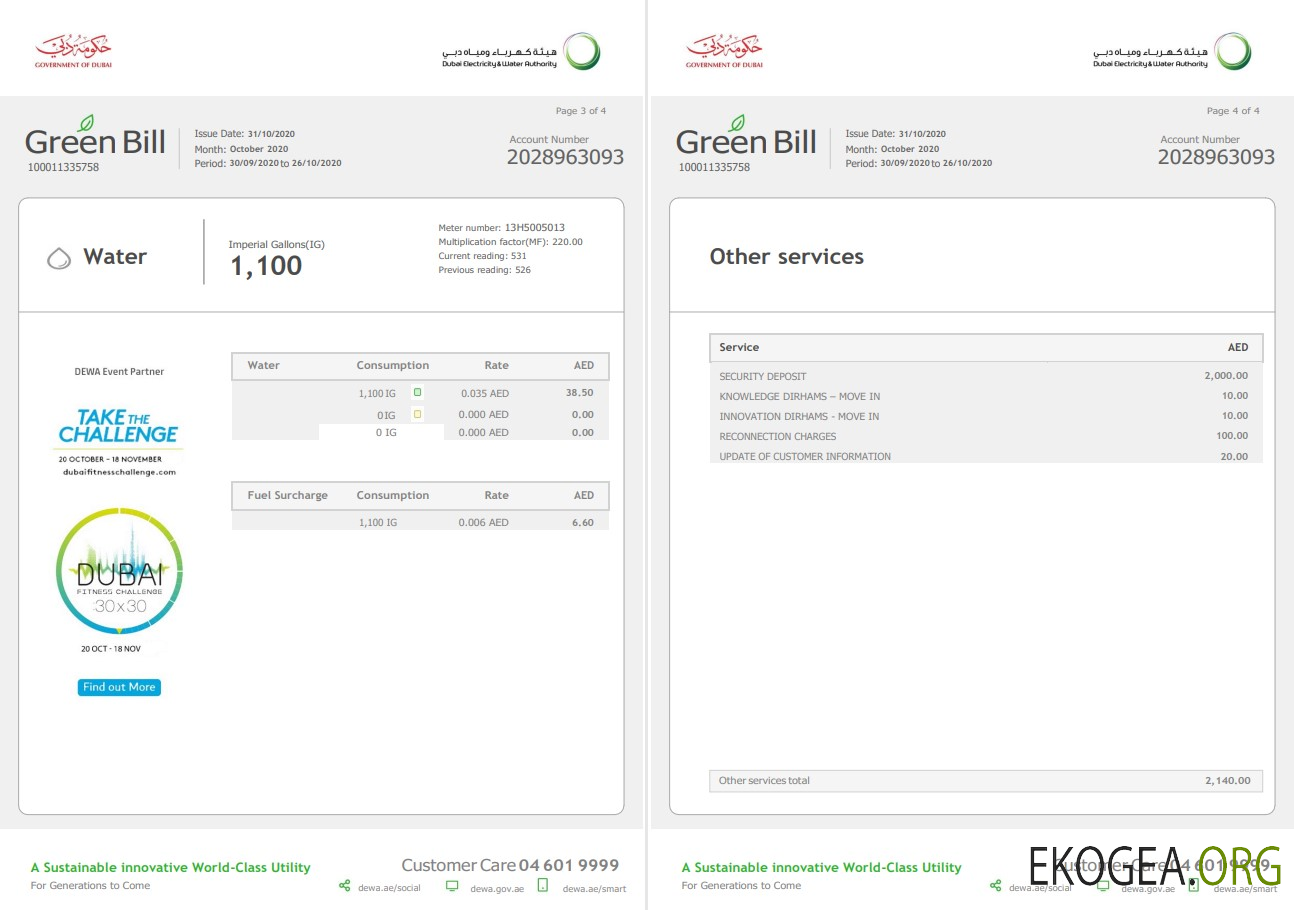 United Arab Emirates Dubai Electricity & Water Authority utility bill template in Word and PDF format (4 pages) 3 4